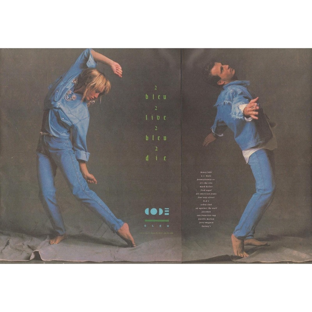 Vintage 1986 Code Bleu Print Ad Retro Designer Denim 1980s Fashion Decor